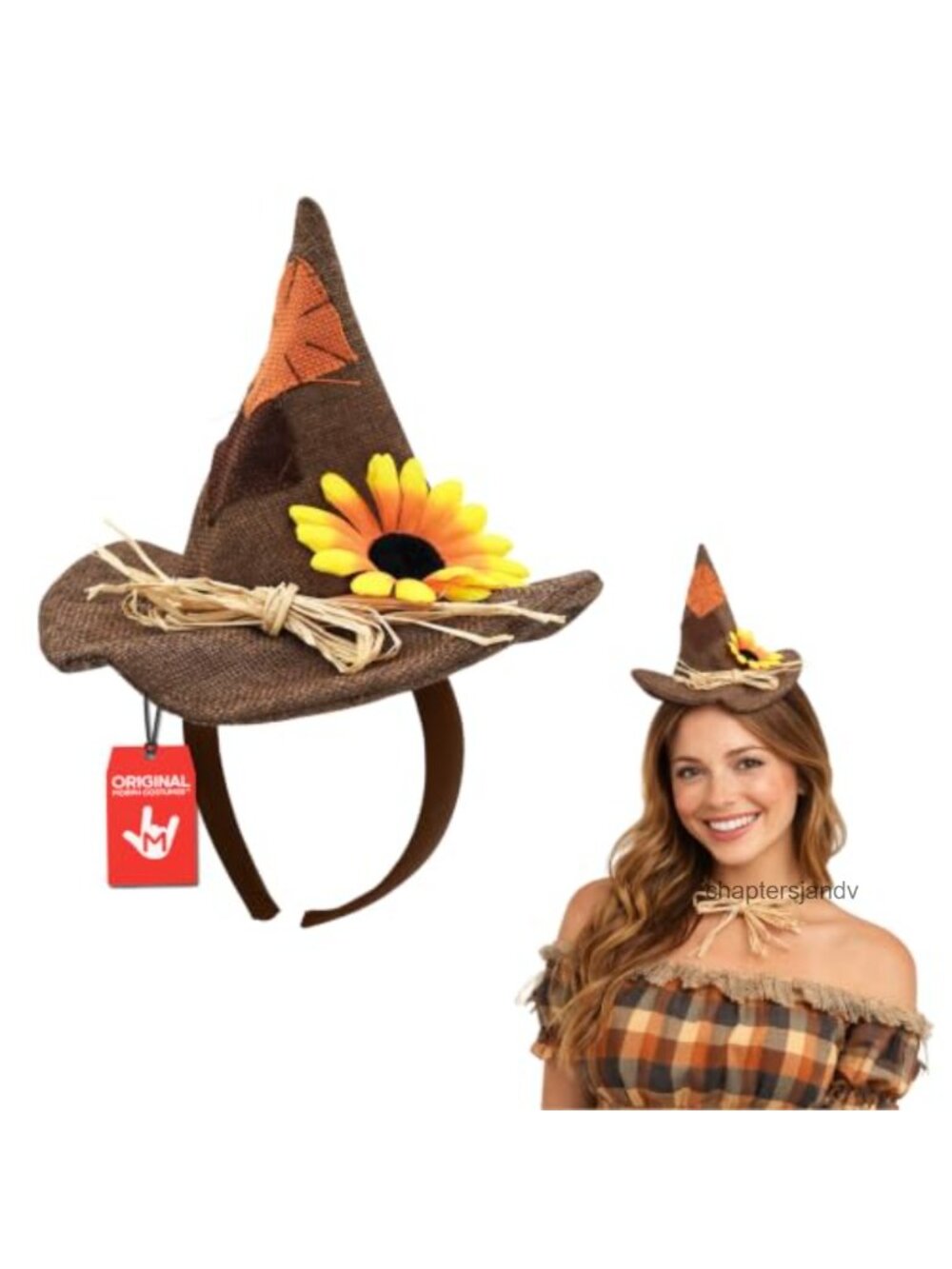 Mini Scarecrow Hat Headband Straw-Style Patchwork Daisy Costume Accessory